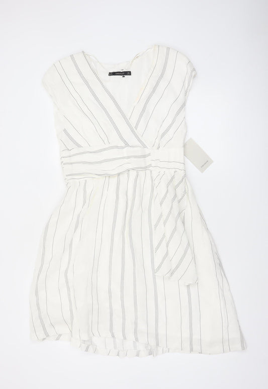 Zara Basic Women Ivory Stripe Linen Wrap Dress Size 14 Knee Length