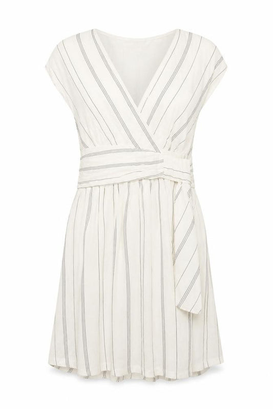 Zara Basic Women Ivory Stripe Linen Wrap Dress Size 14 Knee Length