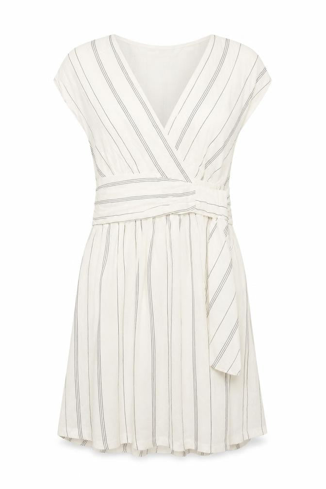 Zara Basic Women Ivory Stripe Linen Wrap Dress Size 14 Knee Length