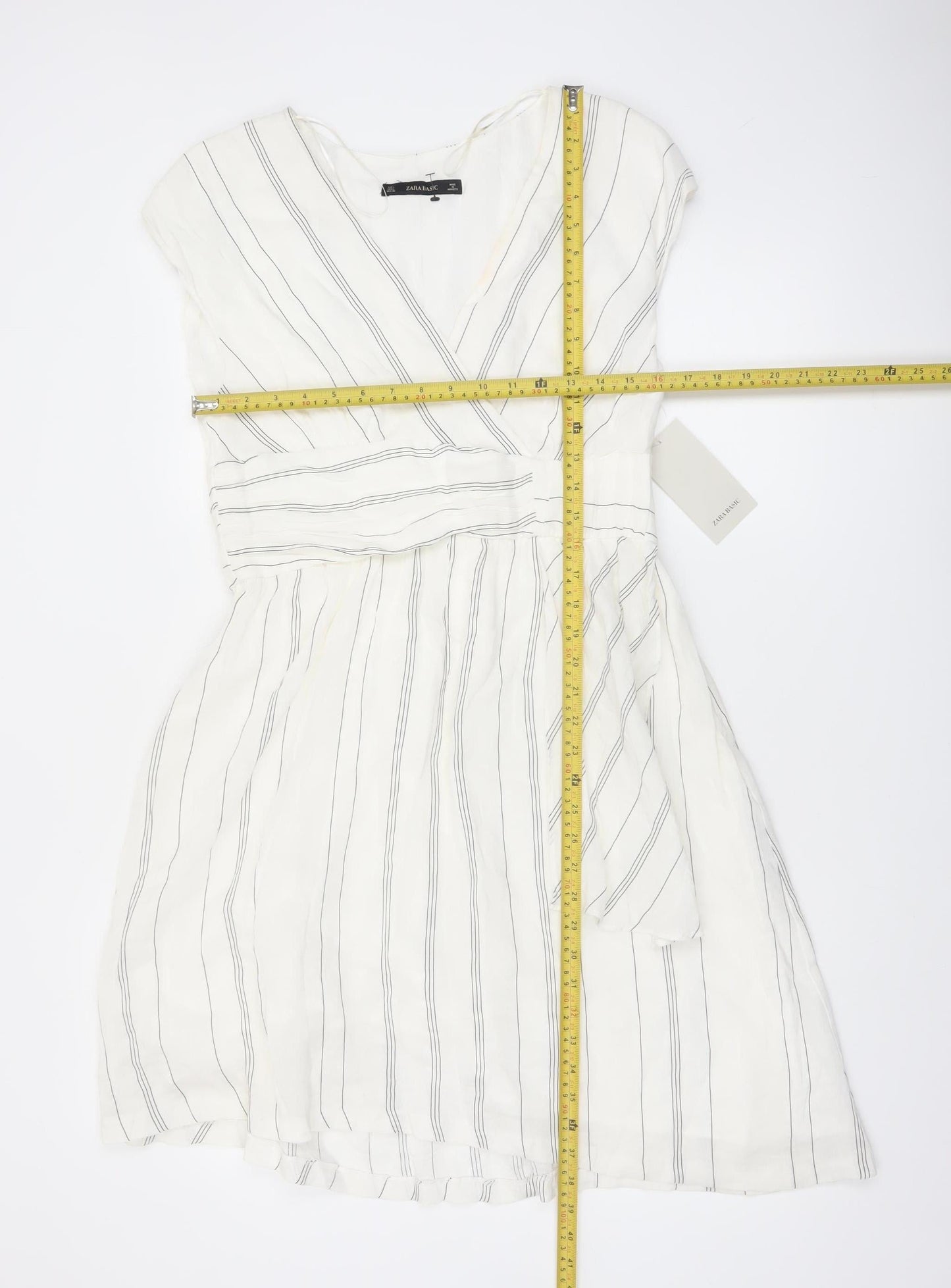 Zara Basic Women Ivory Stripe Linen Wrap Dress Size 14 Knee Length