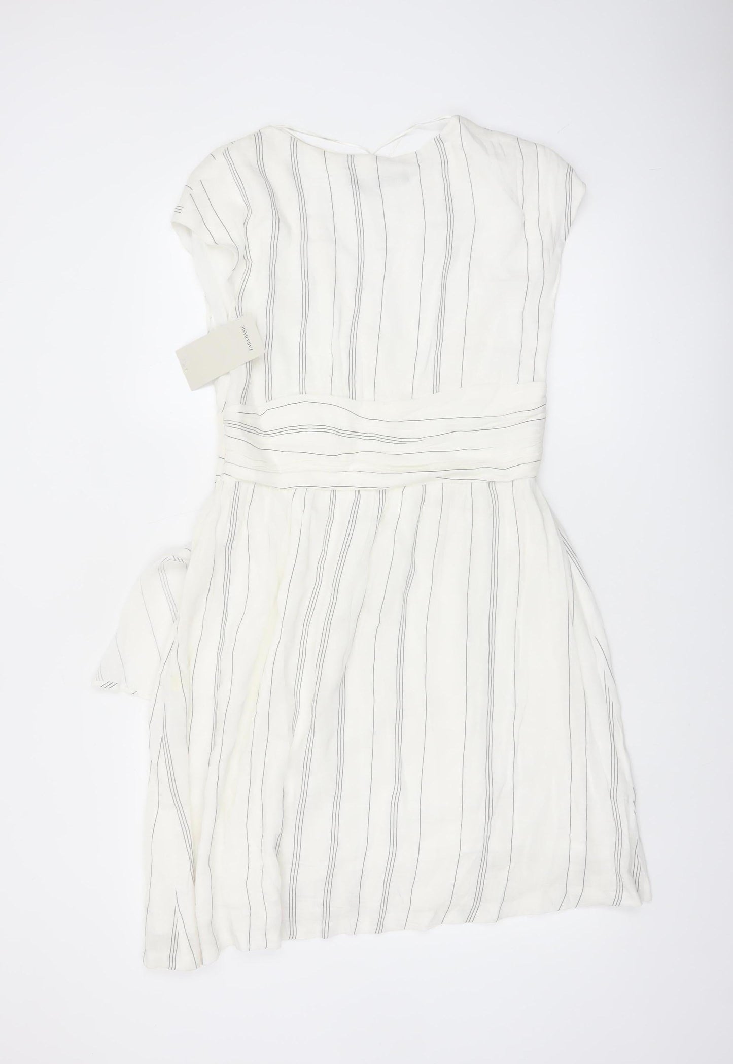 Zara Basic Women Ivory Stripe Linen Wrap Dress Size 14 Knee Length