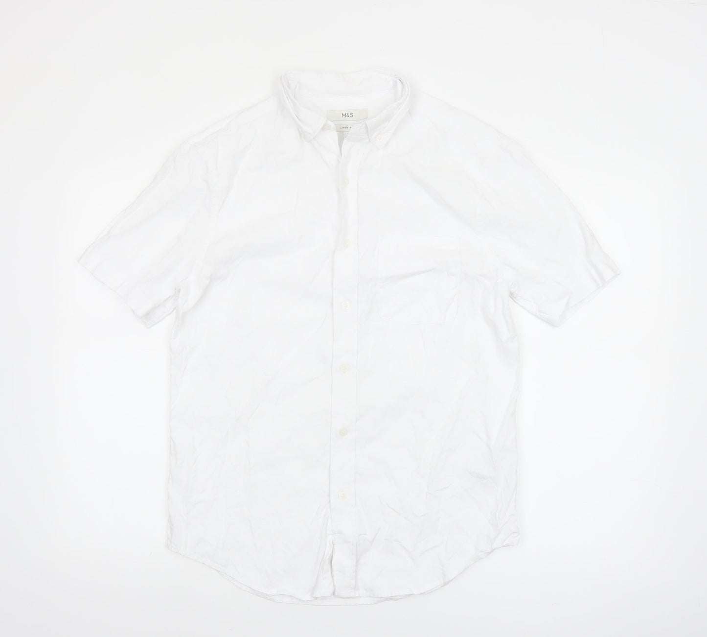 Marks and Spencer Men's White Linen Blend Short Sleeve Button-Up Shirt Size S