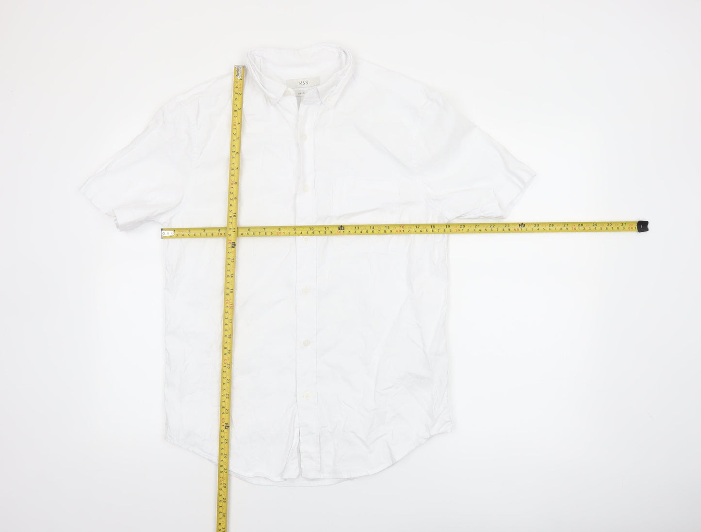 Marks and Spencer Men's White Linen Blend Short Sleeve Button-Up Shirt Size S