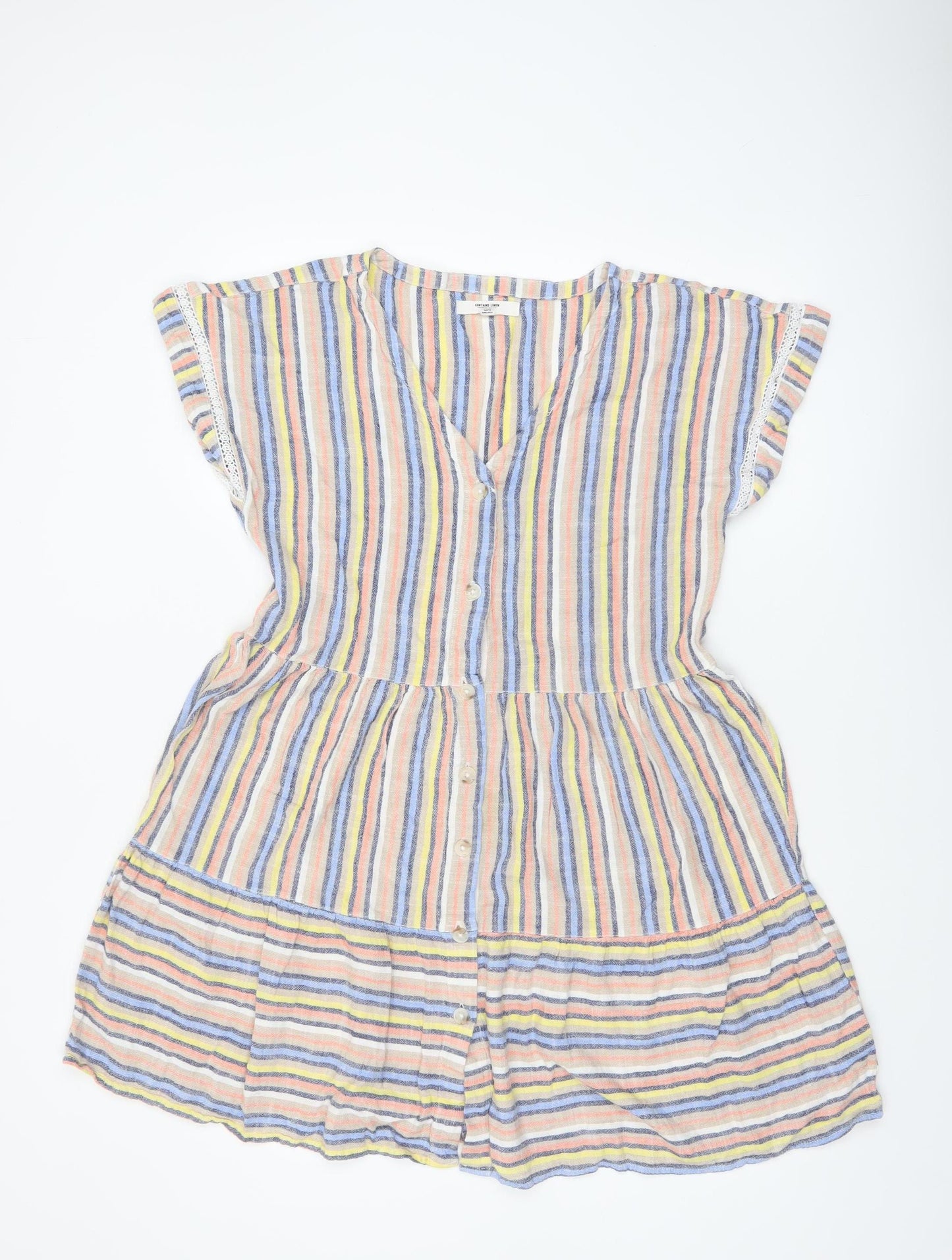 Next Women’s Multicoloured Striped Linen Blend A-Line Short Dress Size 12