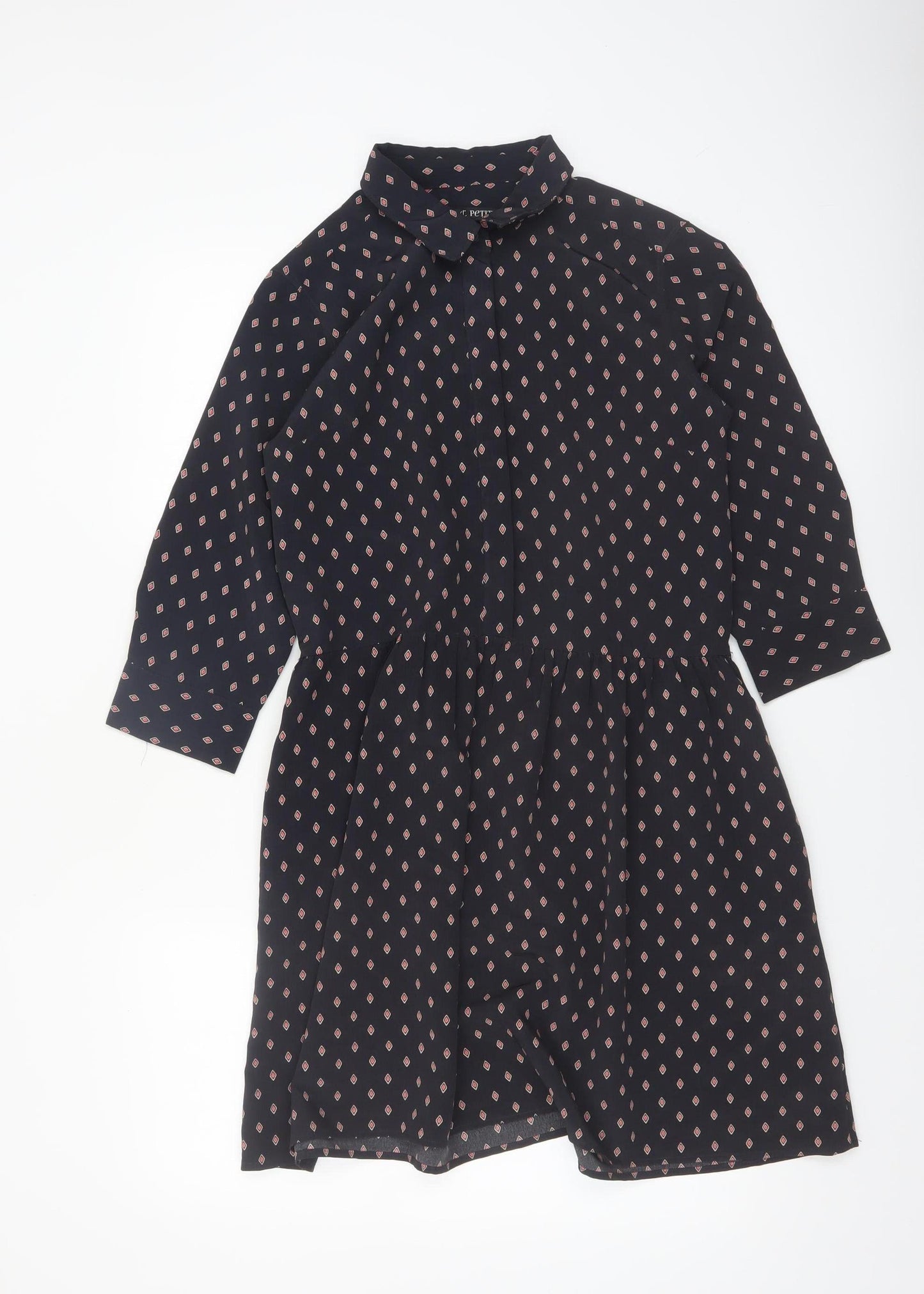 Next Womens Black Geometric Shirt Dress Size 8 Collared 3/4 Sleeve