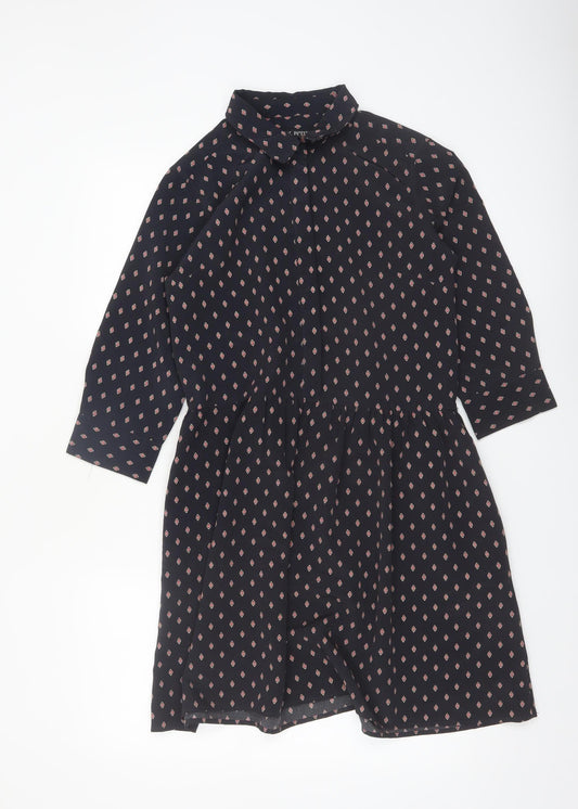 Next Womens Black Geometric Shirt Dress Size 8 Collared 3/4 Sleeve