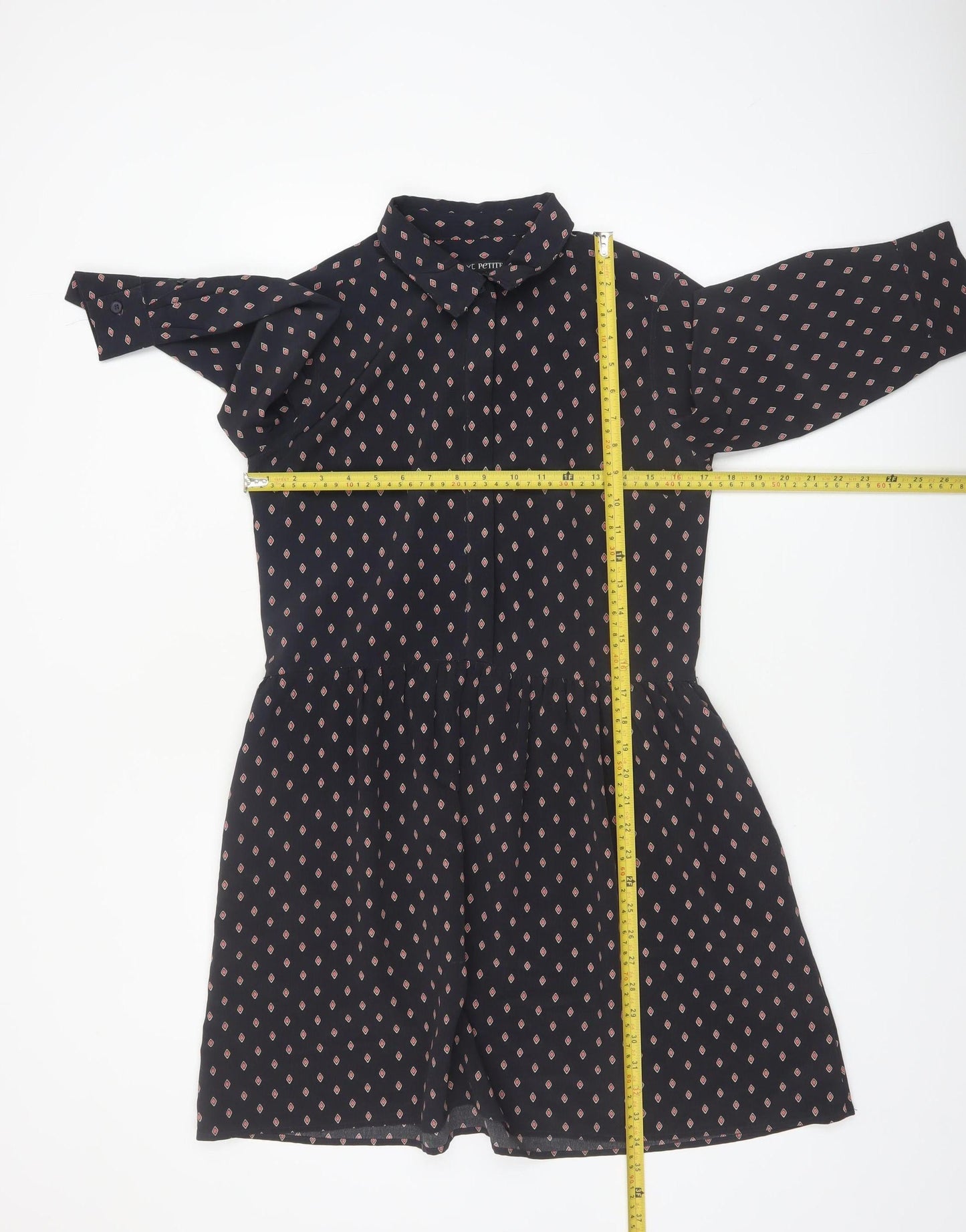 Next Womens Black Geometric Shirt Dress Size 8 Collared 3/4 Sleeve