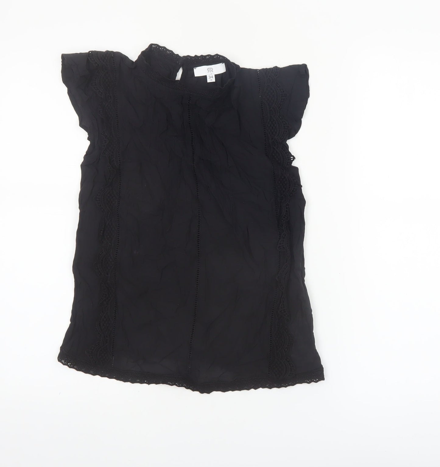 RR Women Black Lace High Neck Short Sleeve Blouse Size 6