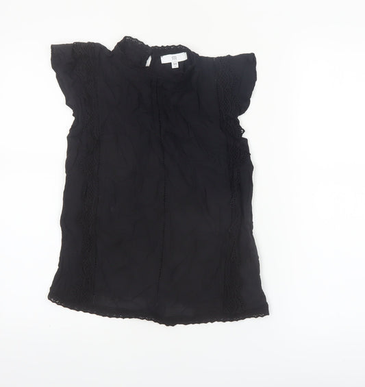 Preloved RR Women Black Lace High Neck Short Sleeve Blouse Size 6 - Front