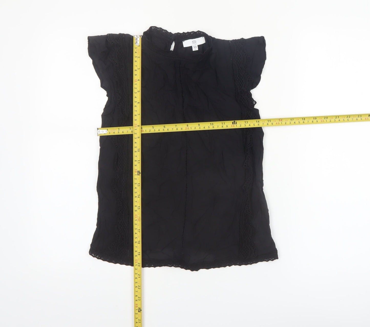 RR Women Black Lace High Neck Short Sleeve Blouse Size 6