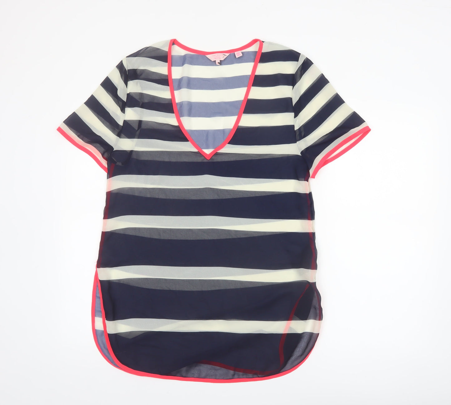Ted Baker Women's Blue Striped Sheer V-Neck Tunic Blouse Size S