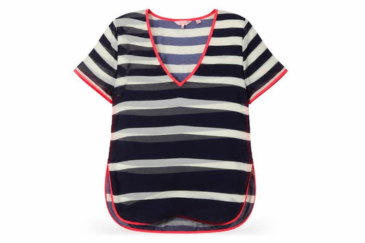 Ted Baker Women's Blue Striped Sheer V-Neck Tunic Blouse Size S