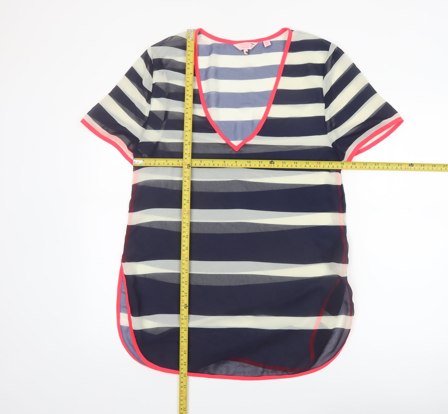 Ted Baker Women's Blue Striped Sheer V-Neck Tunic Blouse Size S
