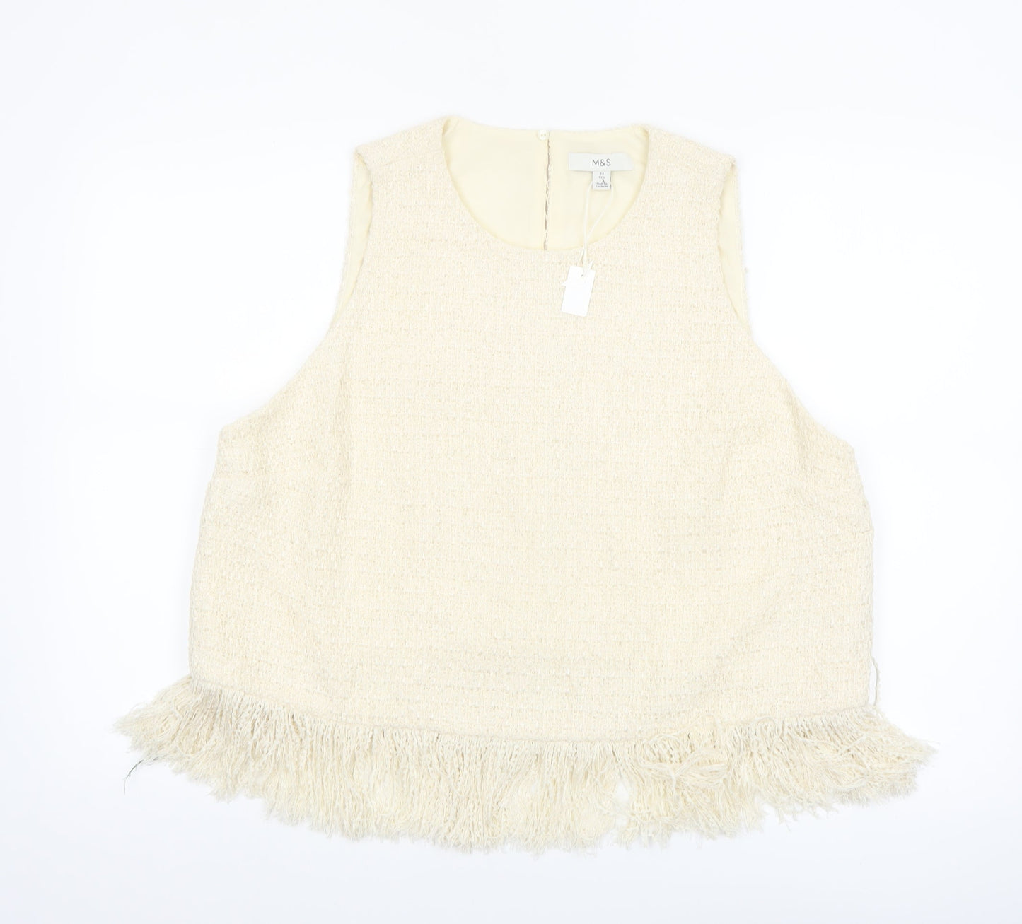 Marks and Spencer Women's Beige Cropped Fringe Tweed Blouse Size 18