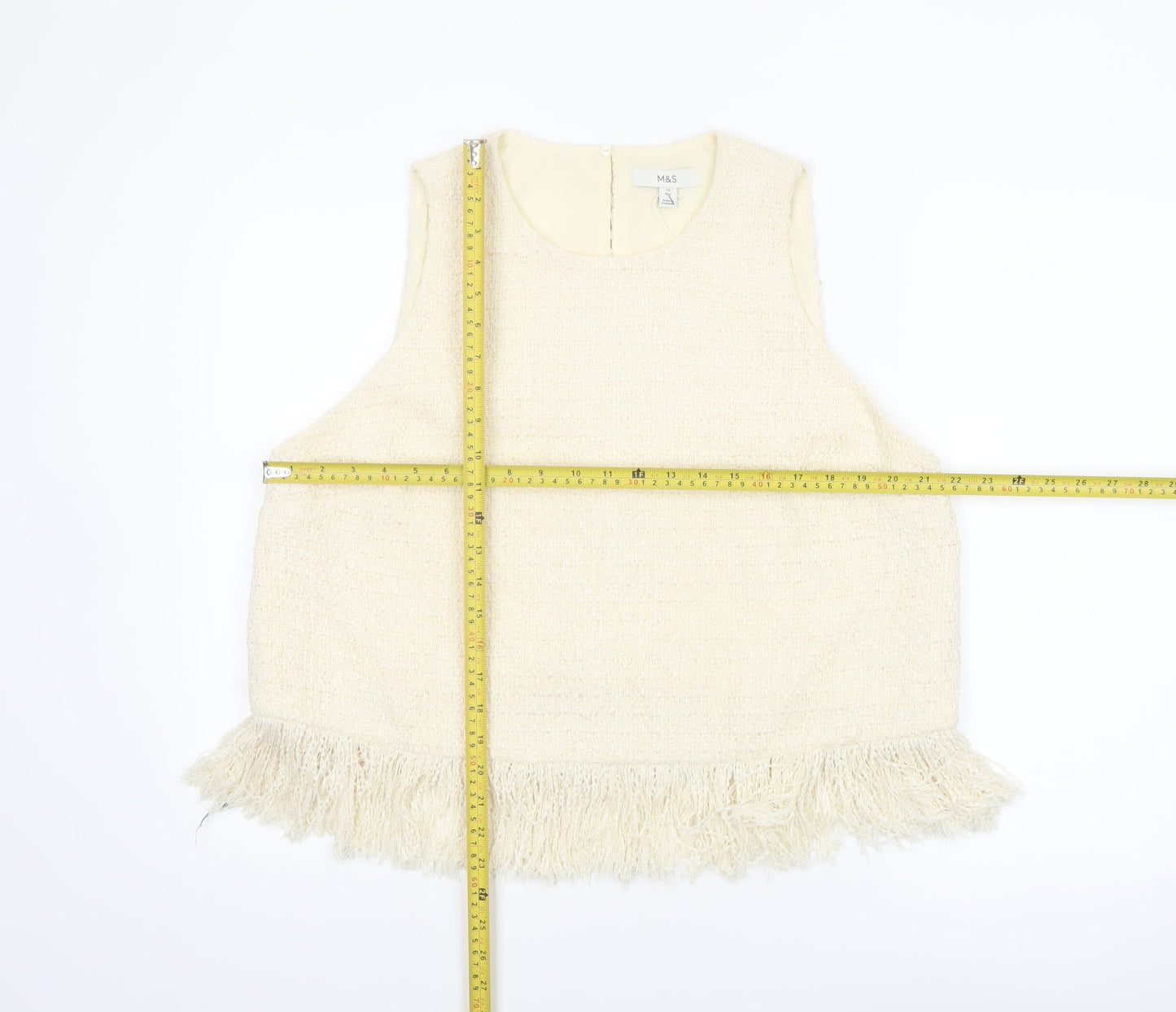 Marks and Spencer Women's Beige Cropped Fringe Tweed Blouse Size 18