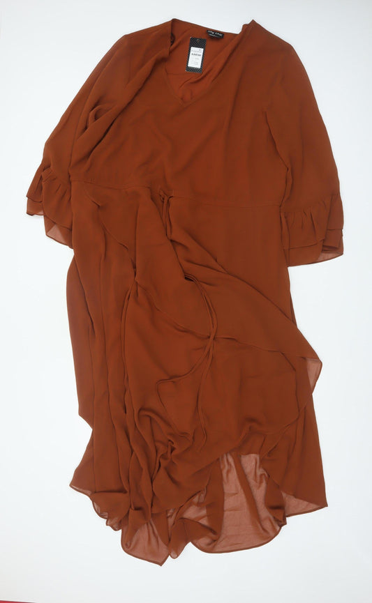 City Chic Womens Brown Midi Wrap Dress L V-Neck Ruffle Lightweight