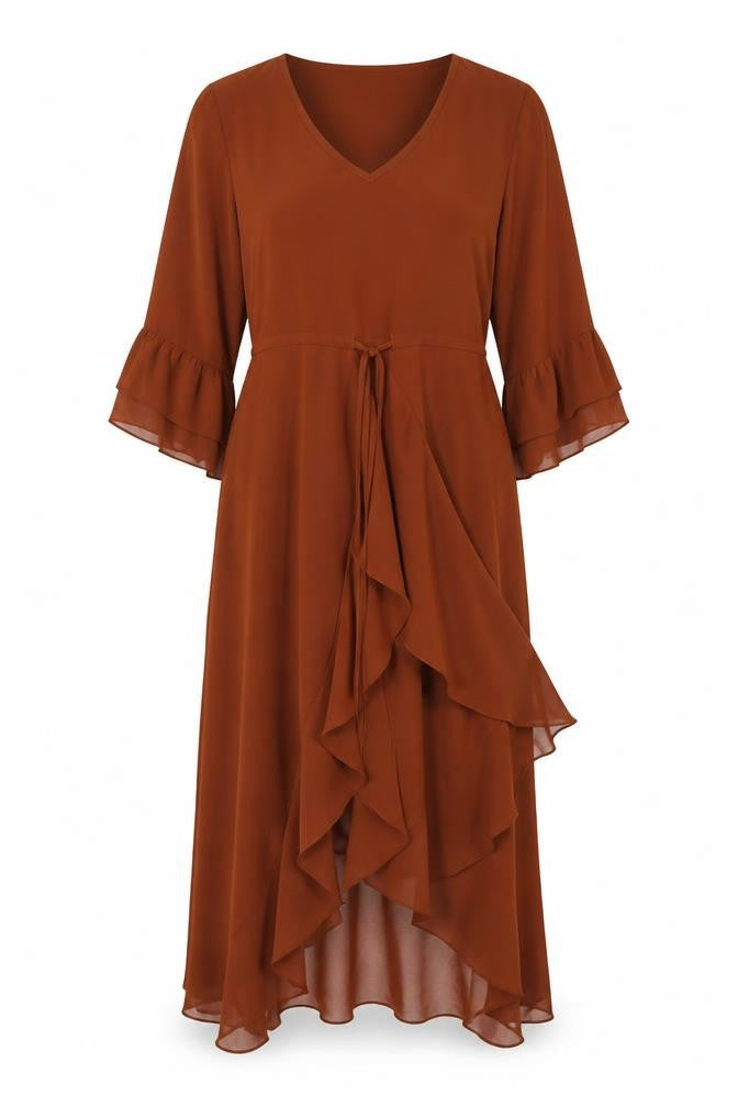 City Chic Womens Brown Midi Wrap Dress L V-Neck Ruffle Lightweight