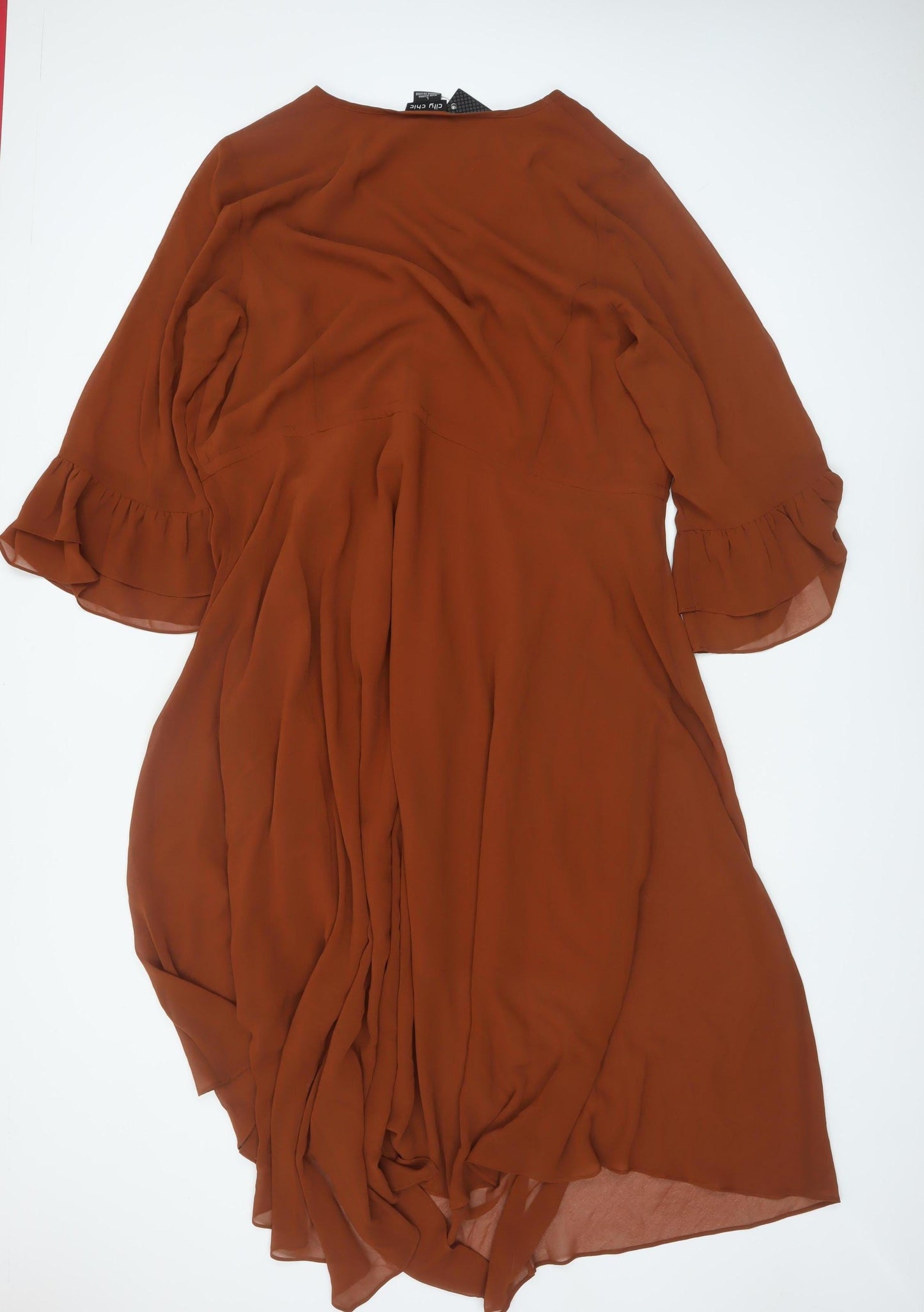 City Chic Womens Brown Midi Wrap Dress L V-Neck Ruffle Lightweight