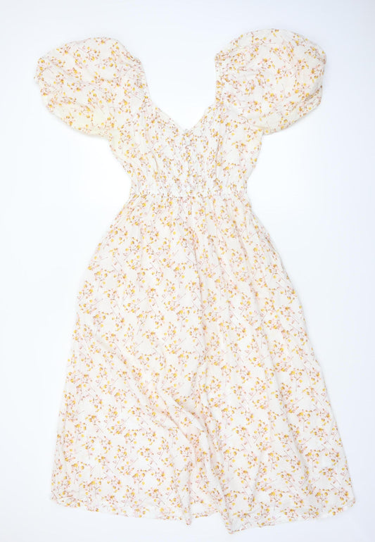 Next Women’s White Floral Puff Sleeve Midi Dress Size 6