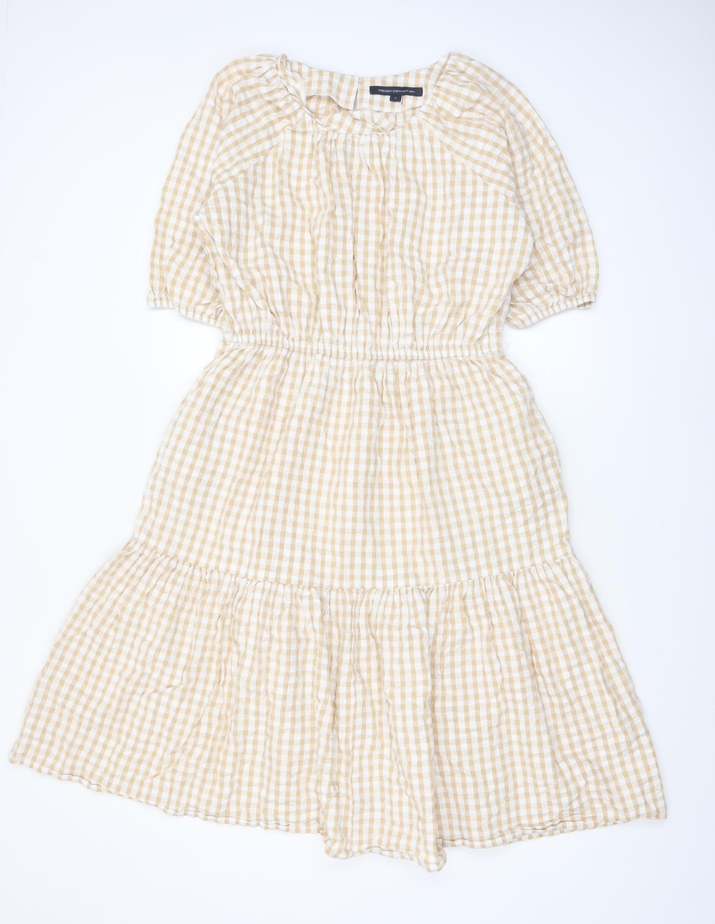 French Connection Women’s Beige Check Midi A-Line Cotton Dress Size S