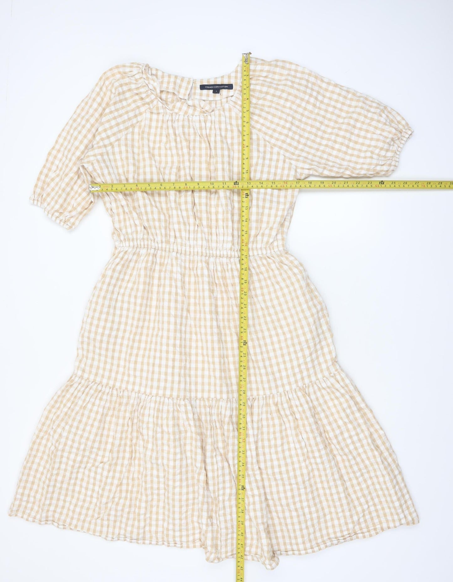 French Connection Women’s Beige Check Midi A-Line Cotton Dress Size S