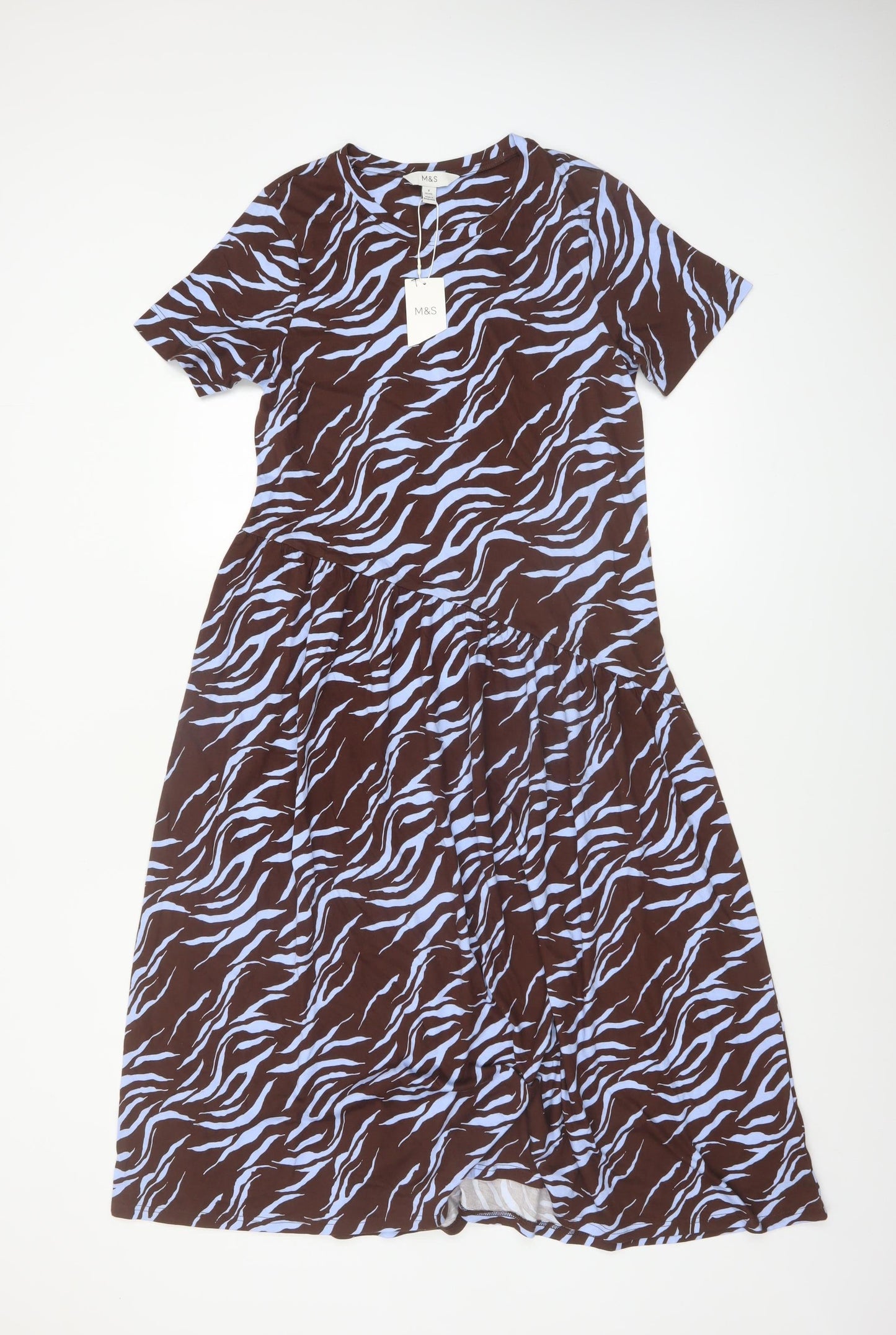 Marks and Spencer Women Brown Animal Print Cotton Midi Dress Size 8 Petite