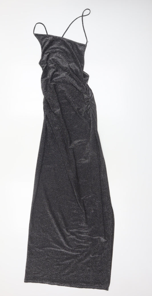 Pull&Bear Women’s Black Long Slip Dress Size S Glitter Partywear
