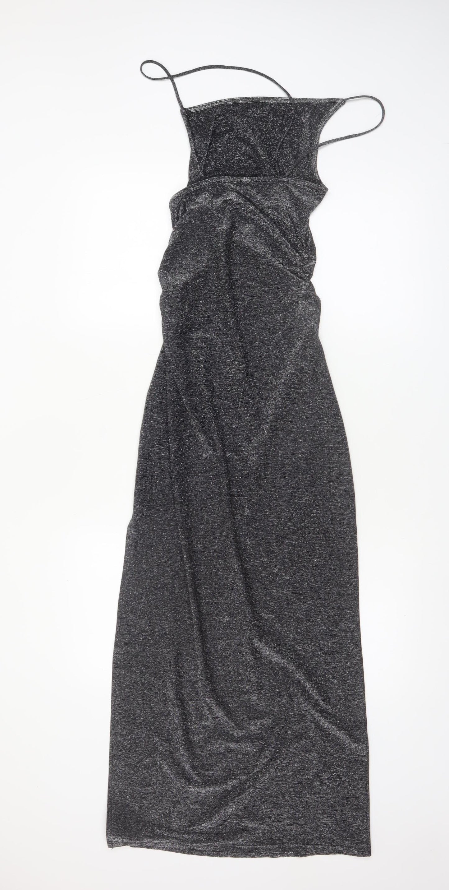 Pull&Bear Women’s Black Long Slip Dress Size S Glitter Partywear