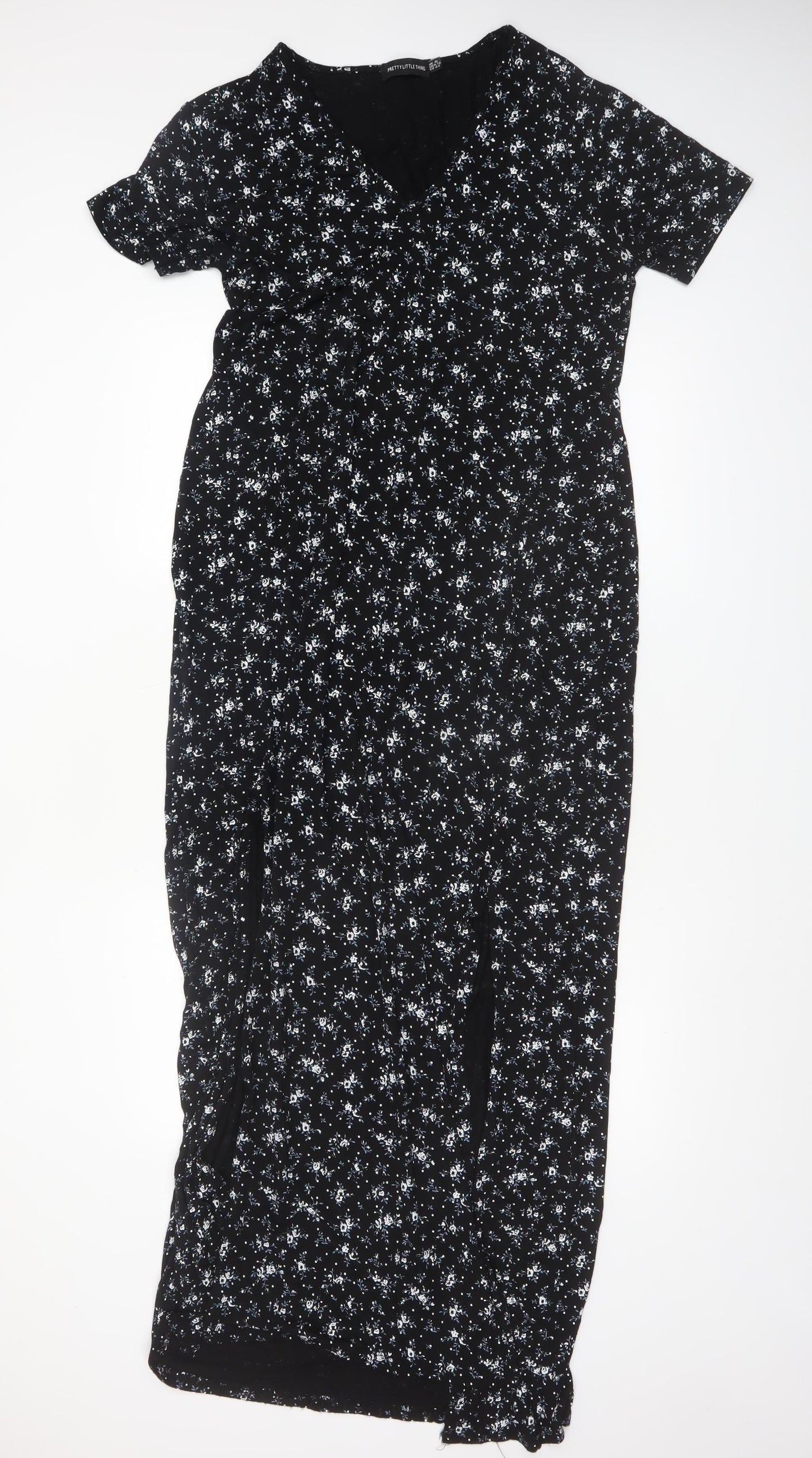PrettyLittleThing Women's Black Floral Maxi Dress Size 16 V-Neck