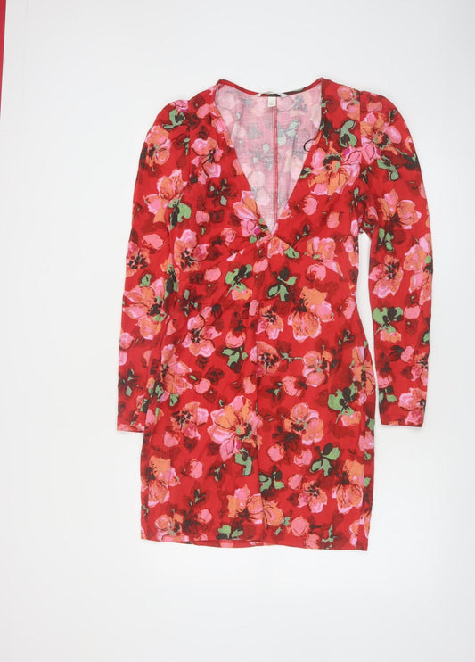 H&M Women’s Red Floral Bodycon Mini Dress Size 8 V-Neck Long Sleeve