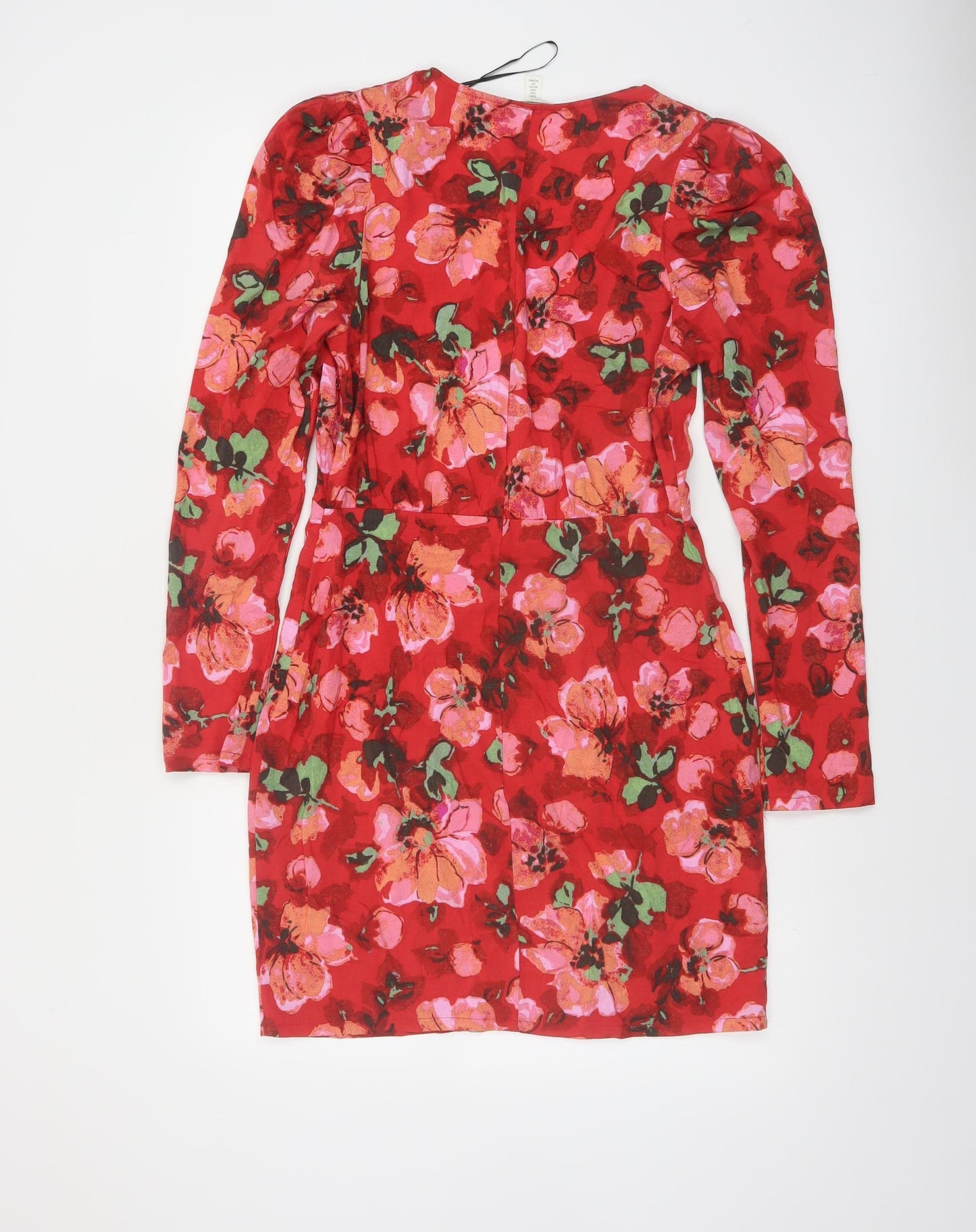 H&M Women’s Red Floral Bodycon Mini Dress Size 8 V-Neck Long Sleeve
