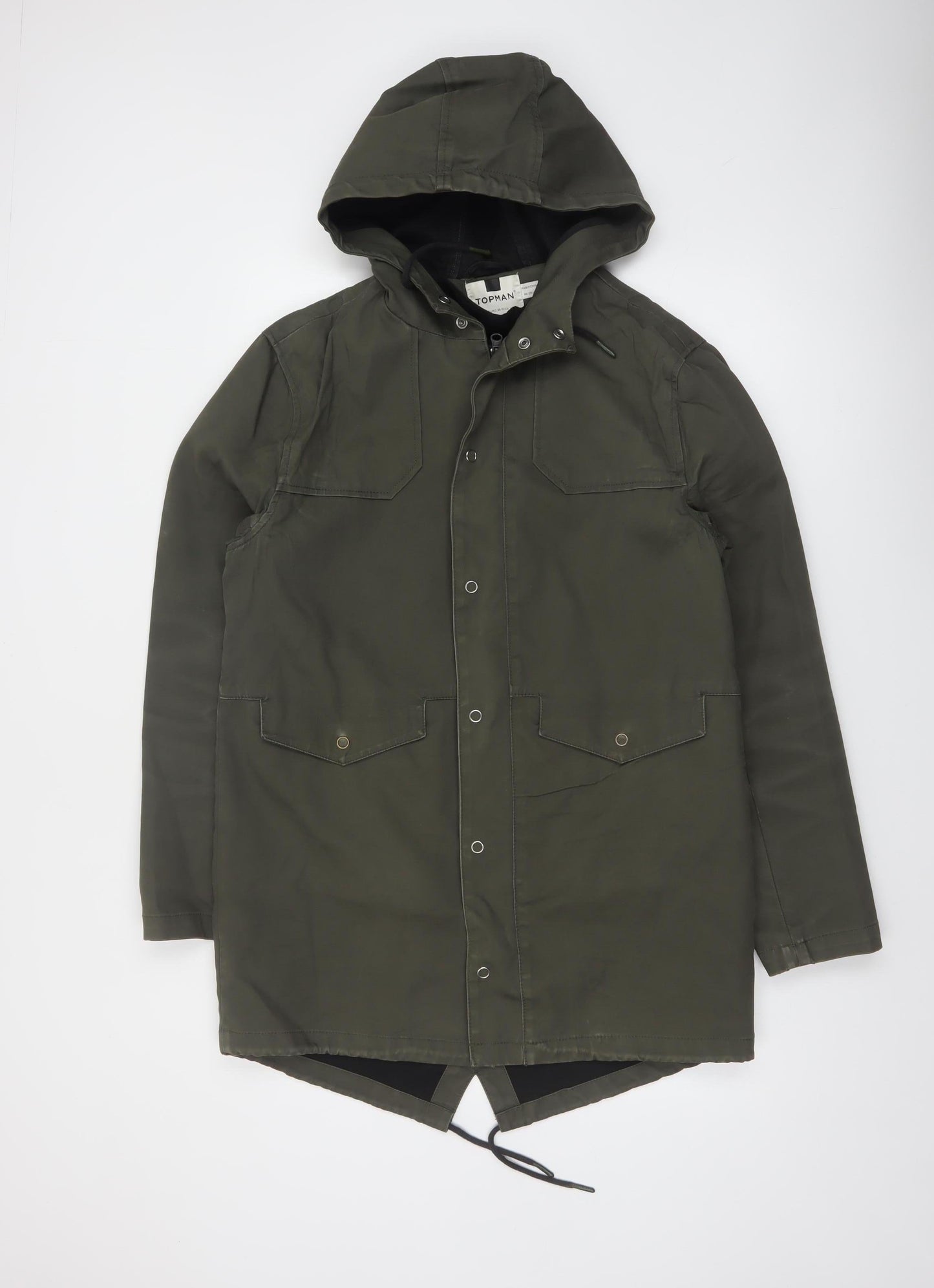 Topman Men's Green Cotton Parka Jacket Coat M Hooded Casual Mid-Length