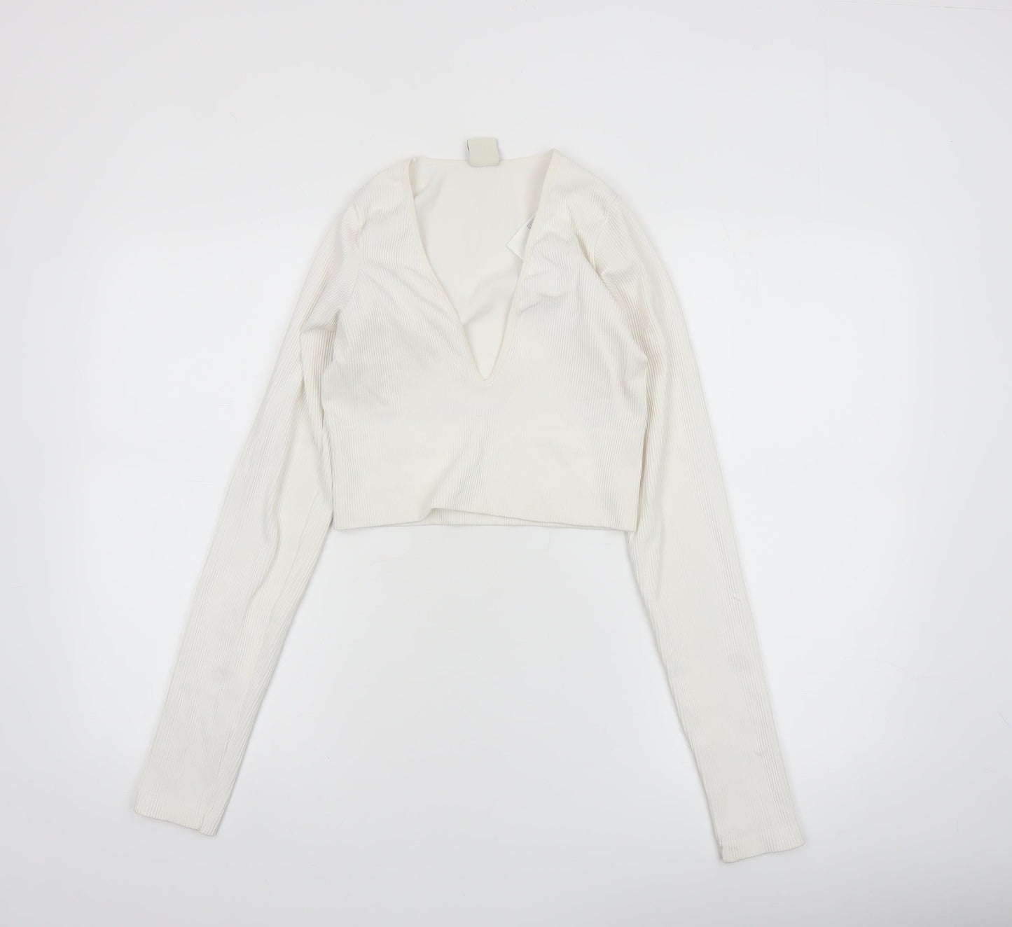 Urban Outfitters Women Ivory Long Sleeve Cropped V-Neck Top Size L