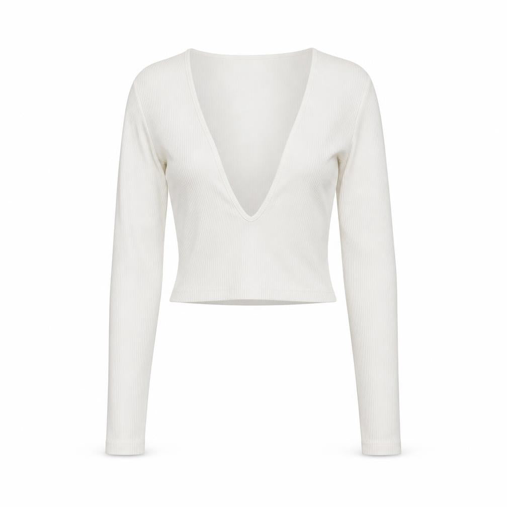 Urban Outfitters Women Ivory Long Sleeve Cropped V-Neck Top Size L