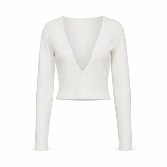 Urban Outfitters Women Ivory Long Sleeve Cropped V-Neck Top Size L