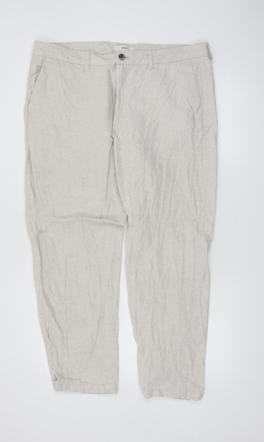 Marks and Spencer Men's Beige Linen Blend Chino Trousers 38x29 Regular Fit
