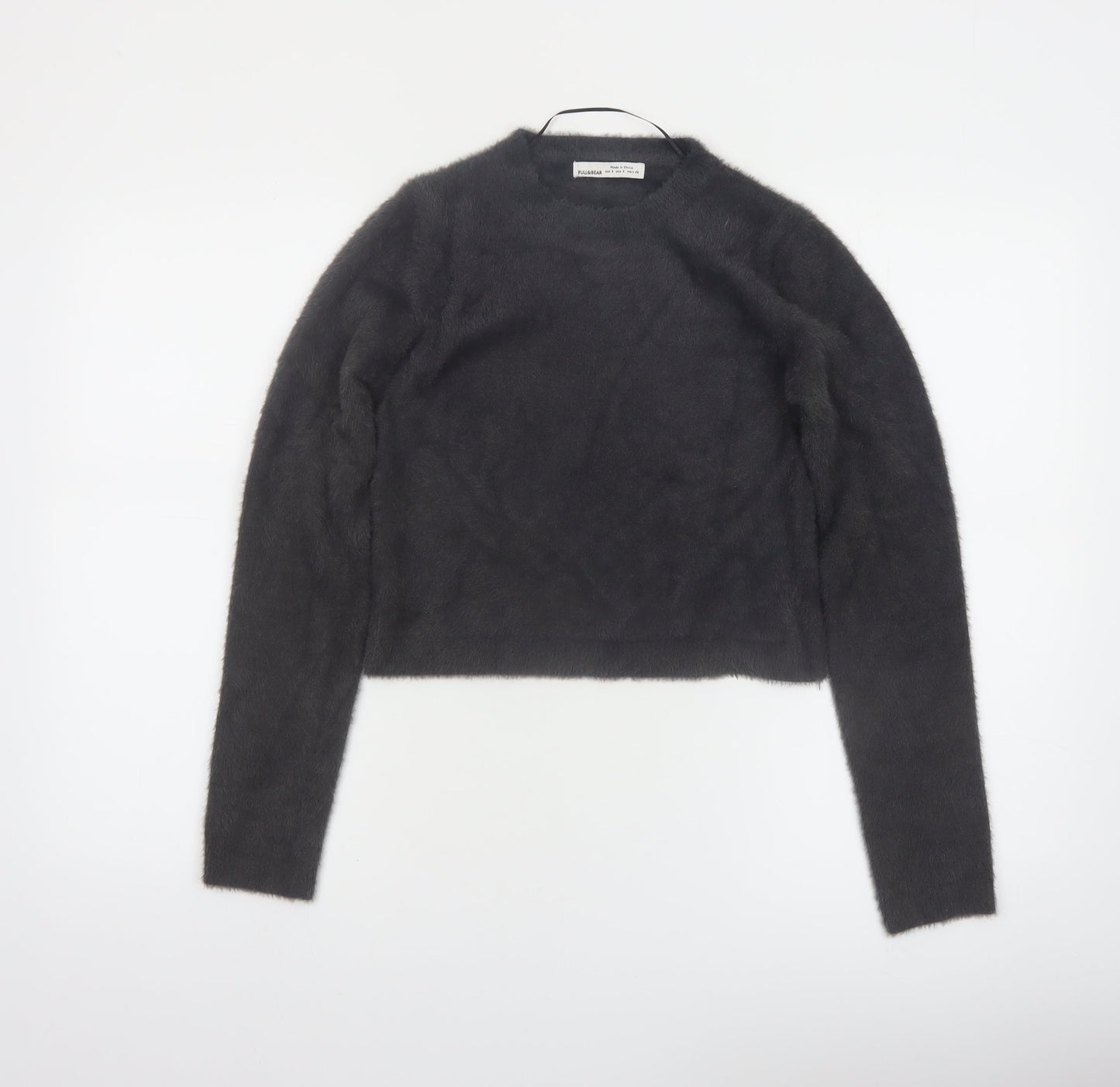 PULL&BEAR Women's Grey Fluffy Crew Neck Long Sleeve Jumper Size S