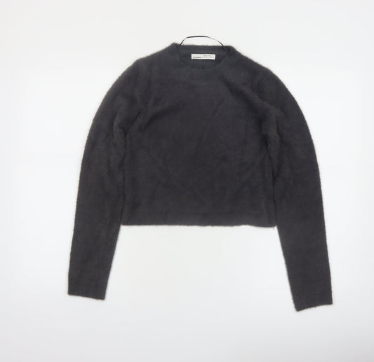 PULL&BEAR Women's Grey Fluffy Crew Neck Long Sleeve Jumper Size S
