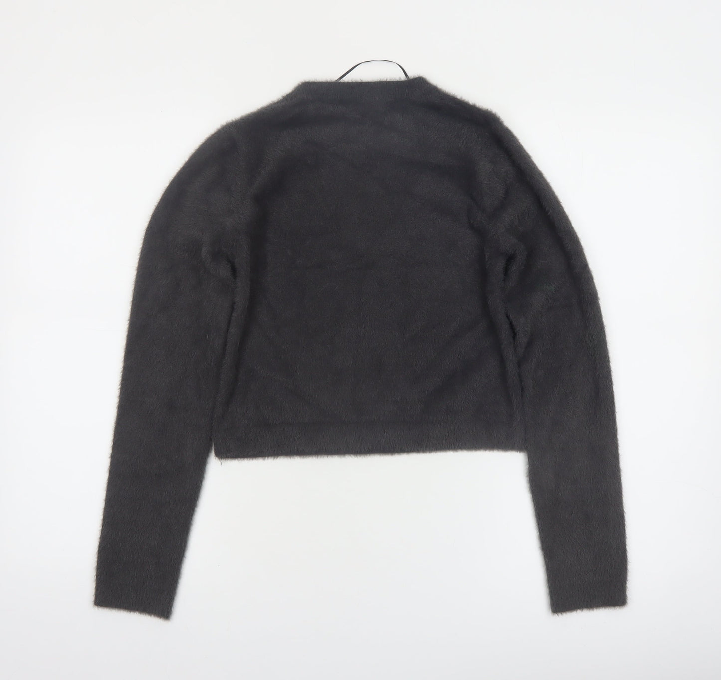 PULL&BEAR Women's Grey Fluffy Crew Neck Long Sleeve Jumper Size S