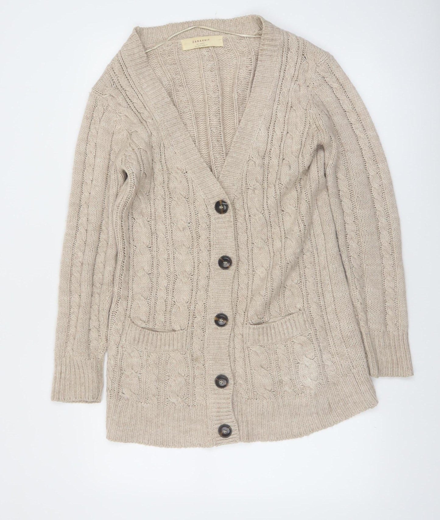 Zara Women Beige Cable-Knit Long Sleeve Cardigan S