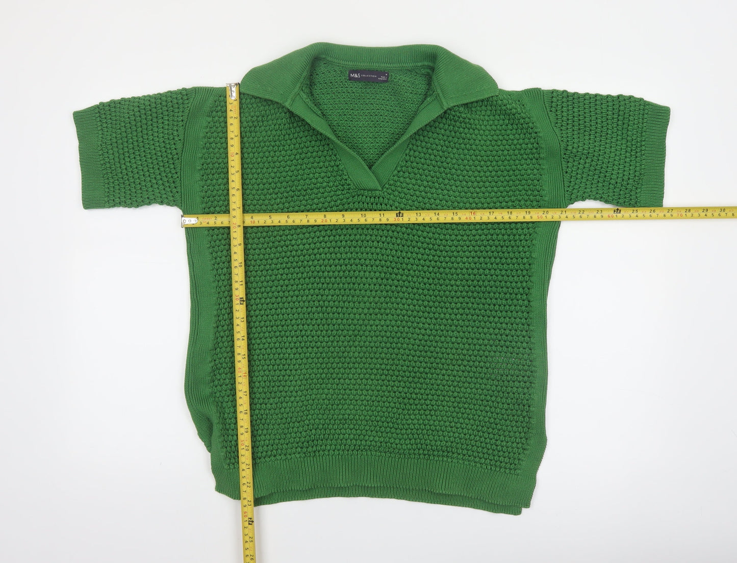Marks and Spencer Women's Green Cotton Collared Short Sleeve Jumper M