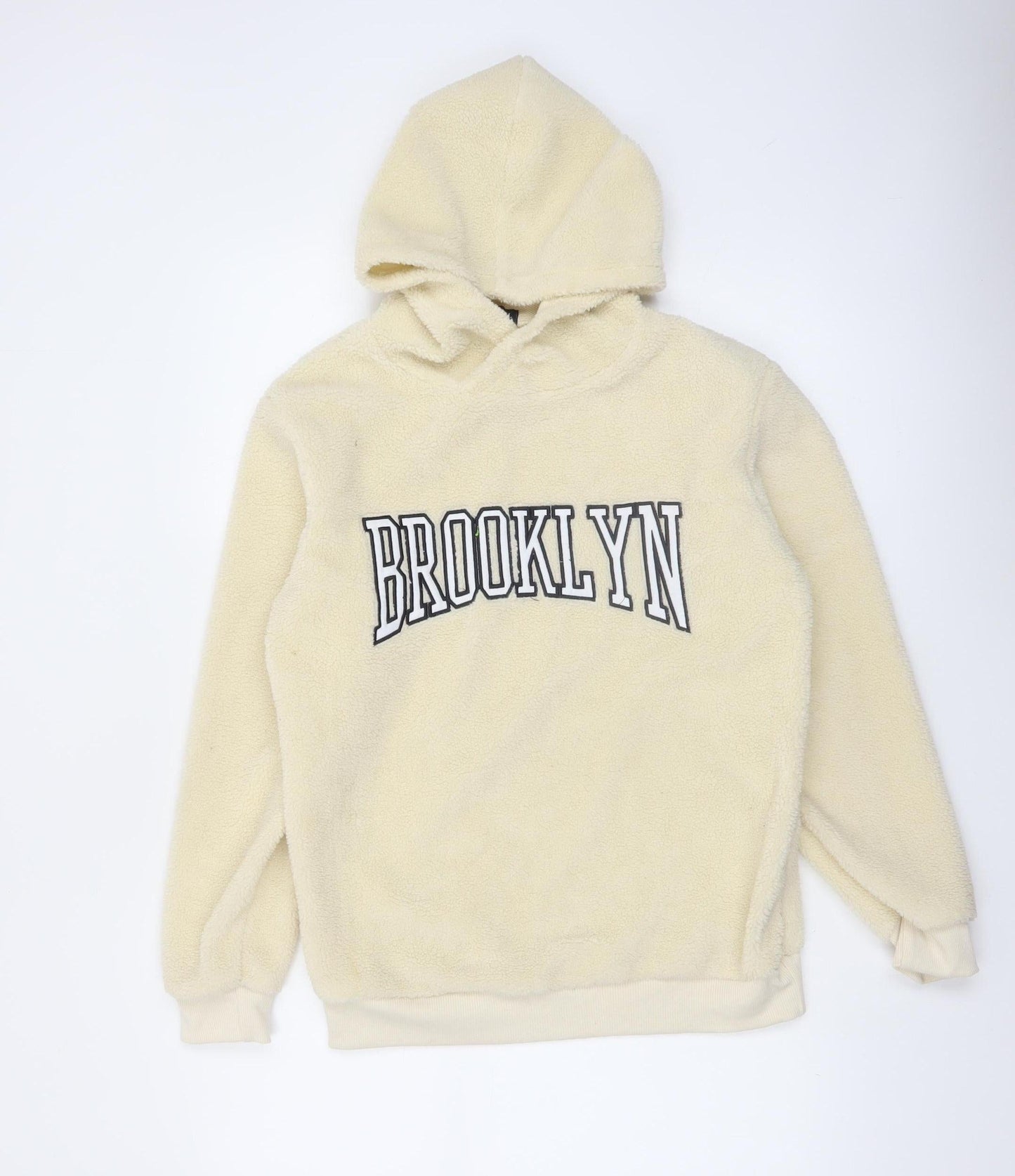 Brave Soul Women Beige Hooded Pullover Sweatshirt - Brooklyn Print Size M