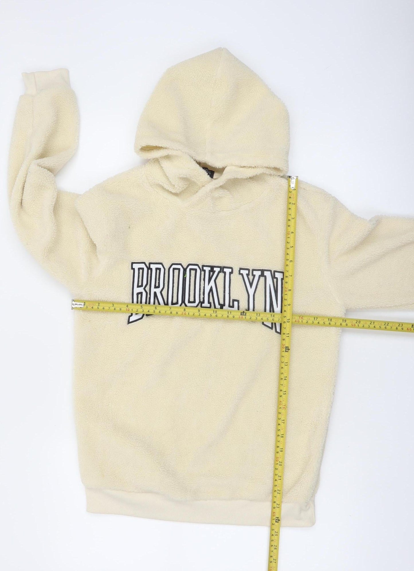 Brave Soul Women Beige Hooded Pullover Sweatshirt - Brooklyn Print Size M