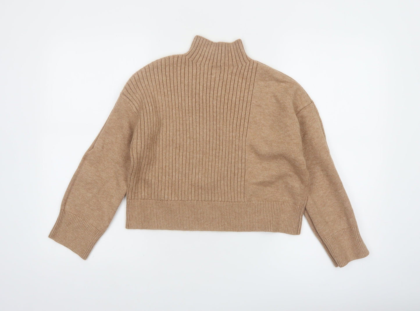 River Island Women Beige Mock Neck Ribbed Knit Jumper Size S