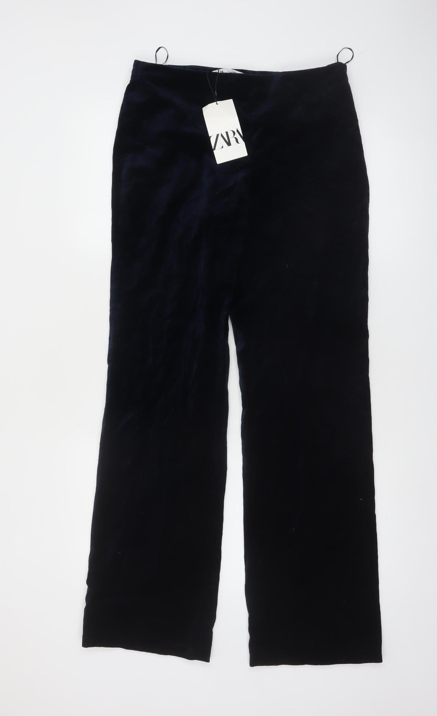 ZARA Women Black Velvet Straight Leg Cotton Trousers Size 12
