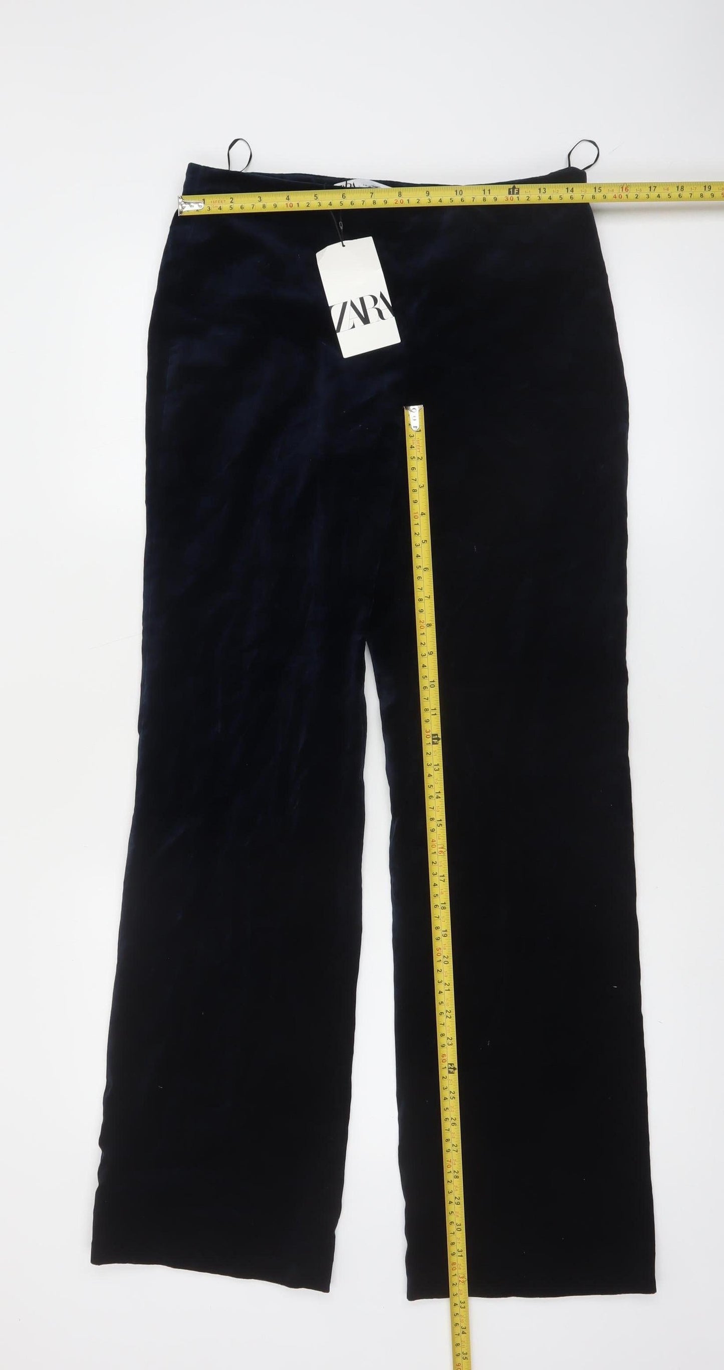 ZARA Women Black Velvet Straight Leg Cotton Trousers Size 12