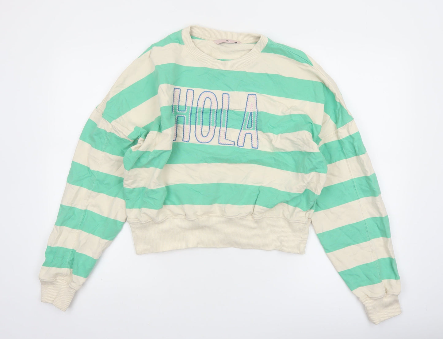 Tu Women Green Beige Striped Pullover Sweatshirt XS Cotton Crew Neck