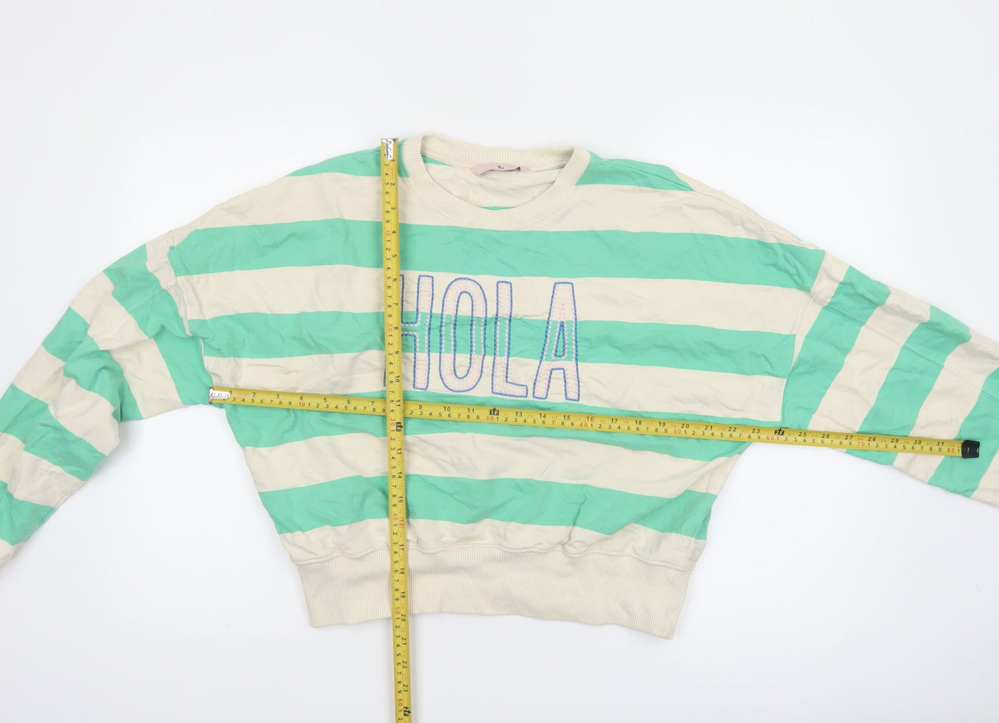 Tu Women Green Beige Striped Pullover Sweatshirt XS Cotton Crew Neck