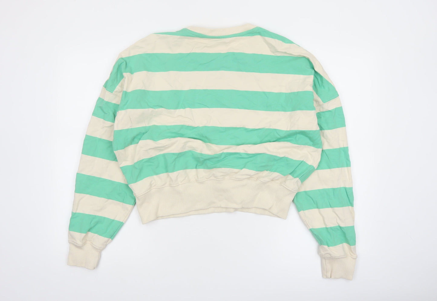 Tu Women Green Beige Striped Pullover Sweatshirt XS Cotton Crew Neck