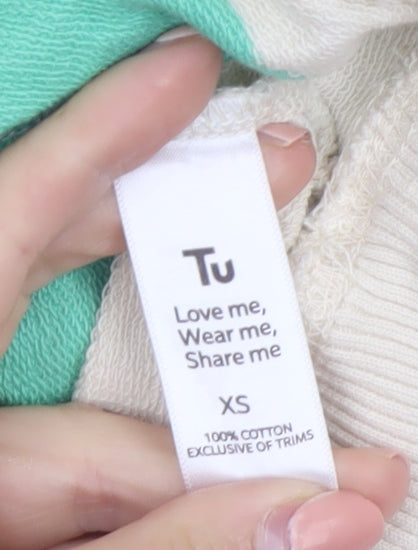 Tu Women Green Beige Striped Pullover Sweatshirt XS Cotton Crew Neck